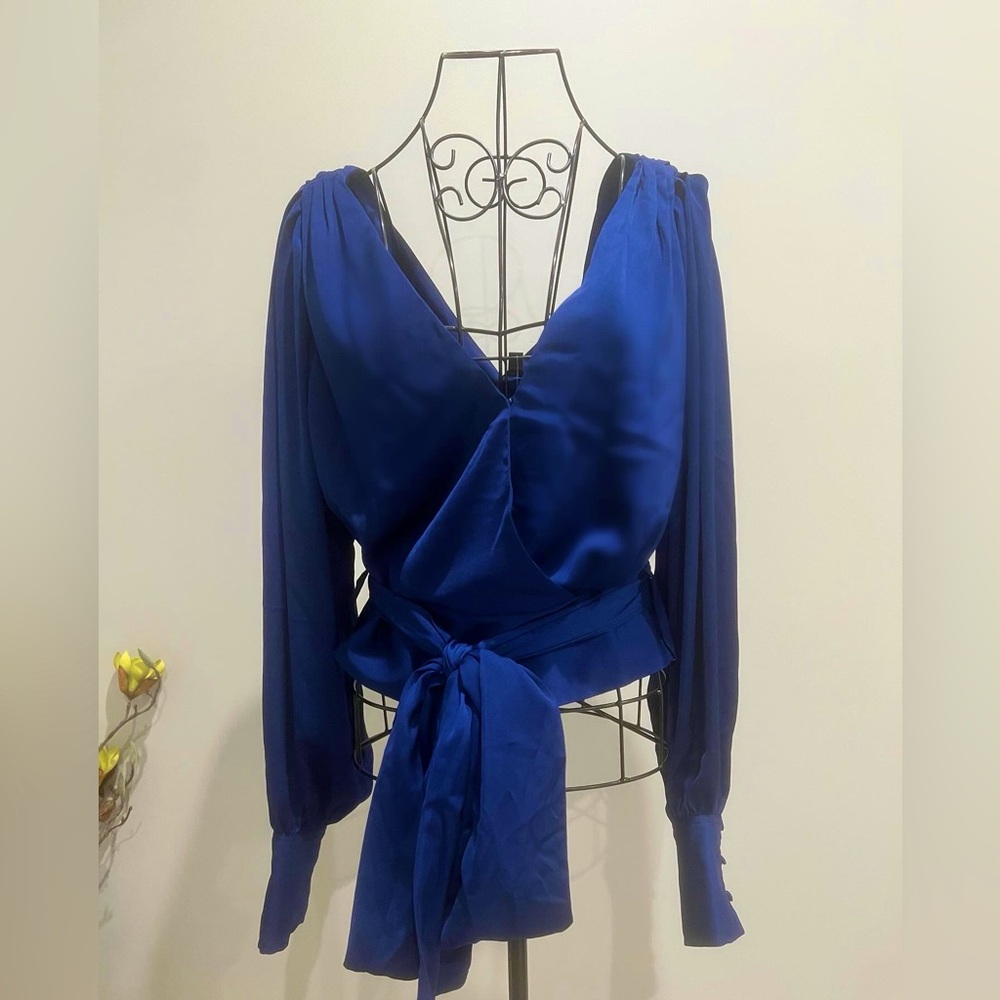 Banana Republic Satin Wrap Blouse in Royal Blue | Long Sleeve Tie Waist | NWT